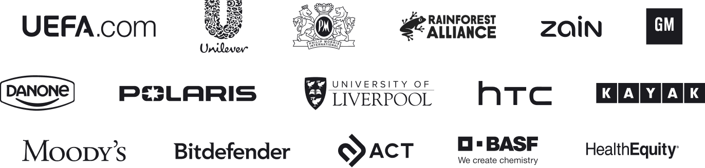 Logos of ChatBot - Botnews software customers, including Unilever, UEFA, BASF, Danone and more.