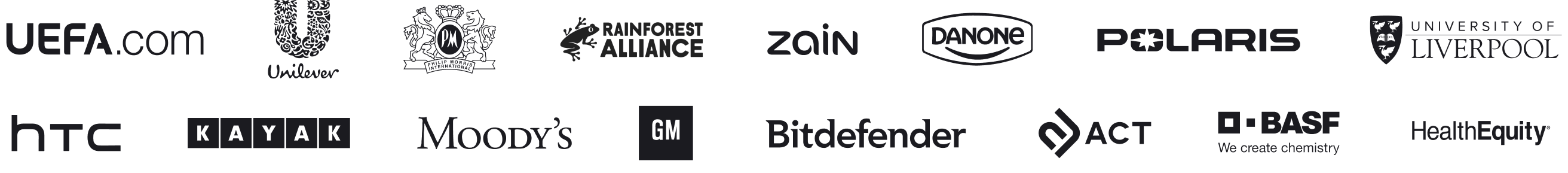 Logos of ChatBot - Botnews software customers, including Unilever, UEFA, BASF, Danone and more.