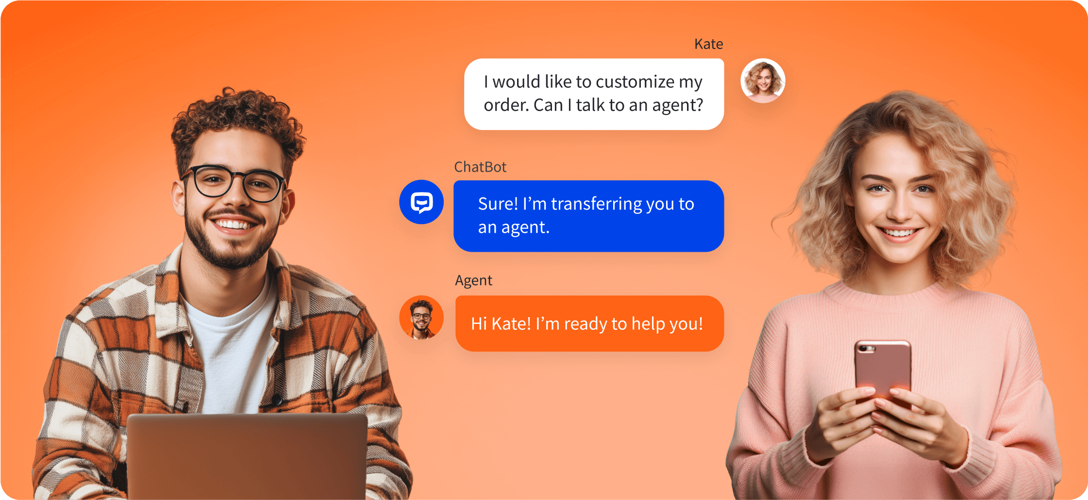 AI ChatBot - Botnews transferring a chat from an AI bot to an agent using LiveChat integration, with two people smiling and standing next to the chat interface.