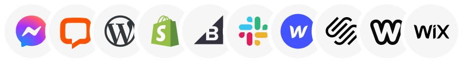 Icons of ChatBot - Botnews integrations, including Facebook Messenger, LiveChat, WordPress, Shopify, BigCommerce, Slack, Webflow, Squarespace, and Wix.