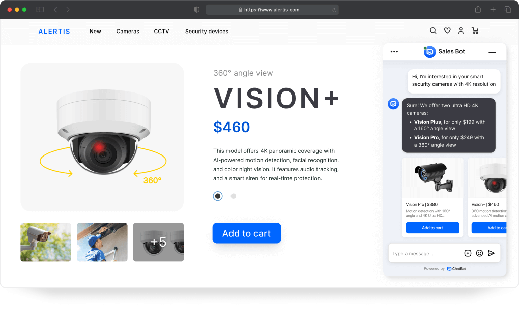 An ecommerce website interface featuring an AI ChatBot - Botnews widget, displaying a customer's question and an AI-generated response. The response includes a rich ChatBot - Botnews message in the form of an image carousel with recommended products. Enrich your website with an AI ChatBot - Botnews to instantly interact with customers.