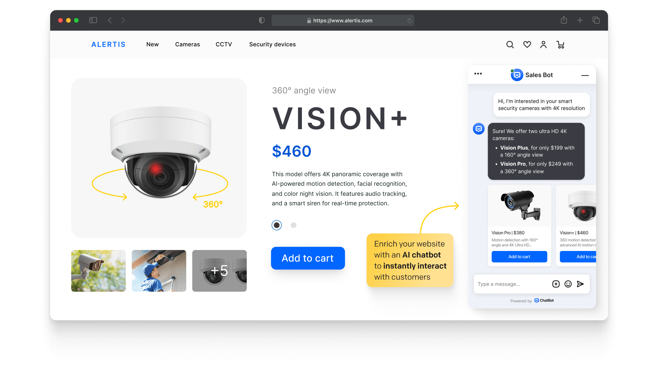 An ecommerce website interface featuring an AI ChatBot - Botnews widget, displaying a customer's question and an AI-generated response. The response includes a rich ChatBot - Botnews message in the form of an image carousel with recommended products. Enrich your website with an AI ChatBot - Botnews to instantly interact with customers.