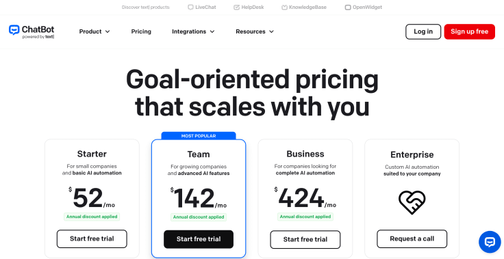 chatbot.com pricing page